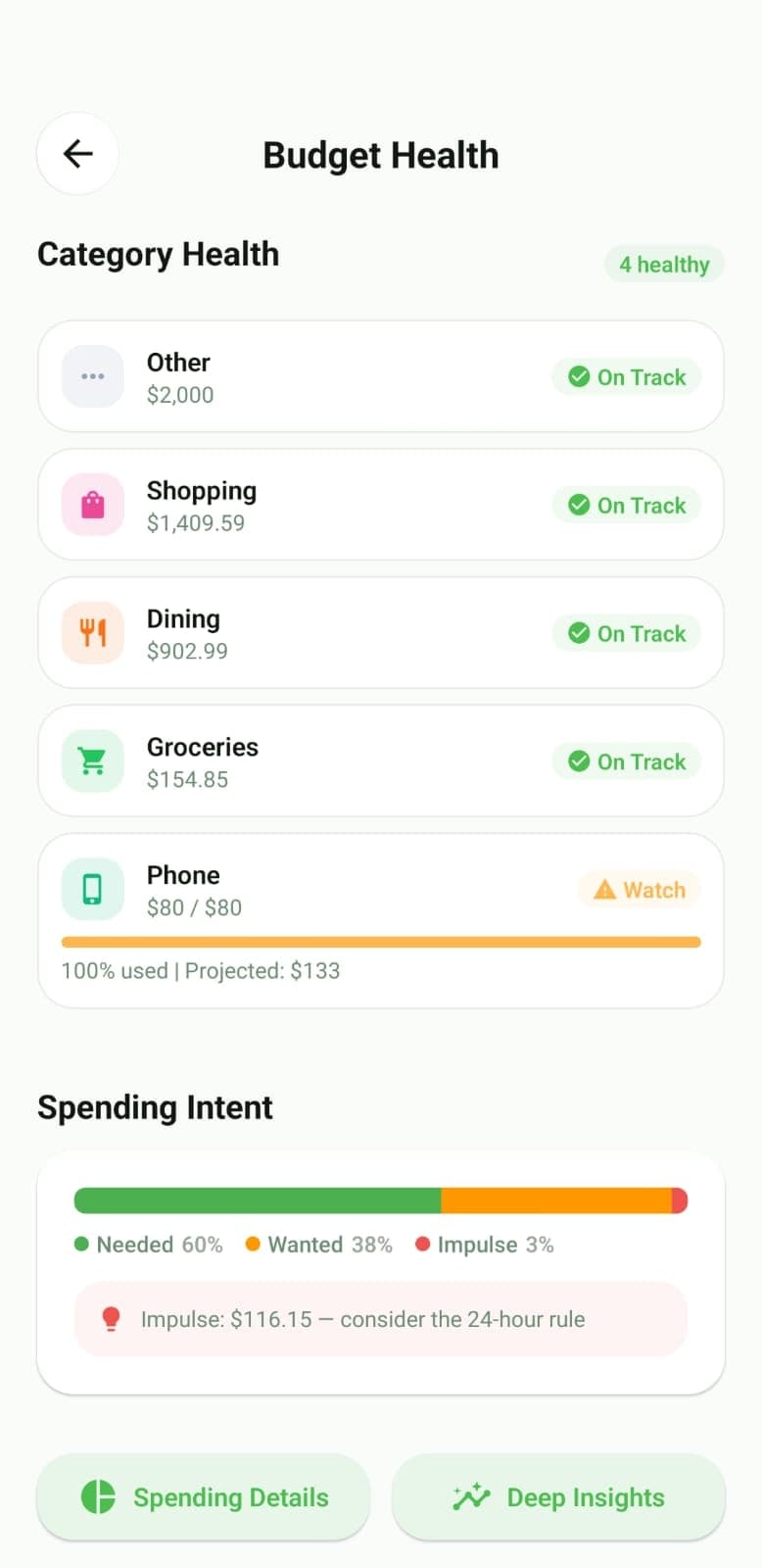 SnapExpense budget health gauge showing spending overview
