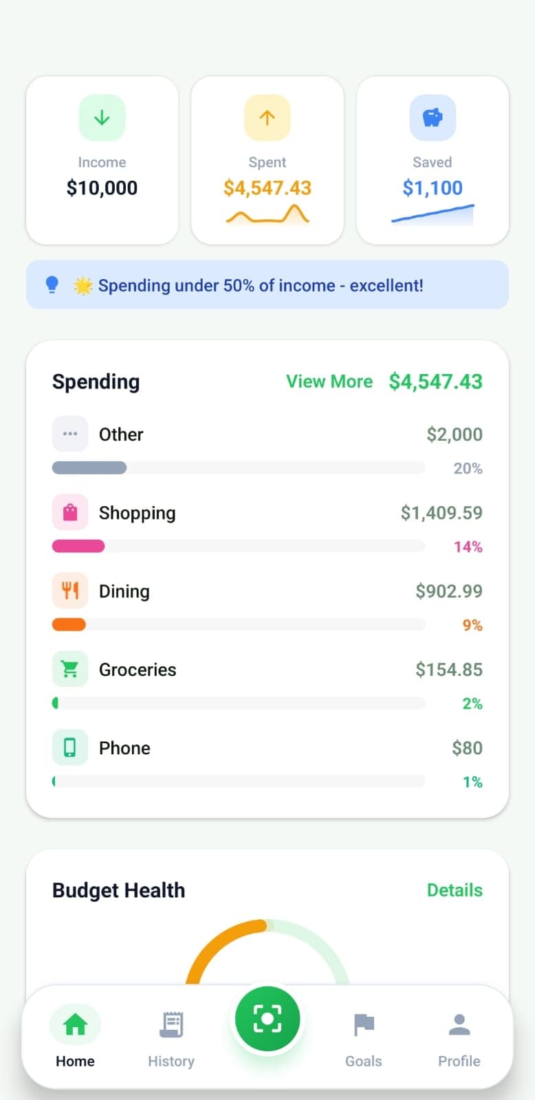 SnapExpense money management dashboard comparing monthly income vs spending
